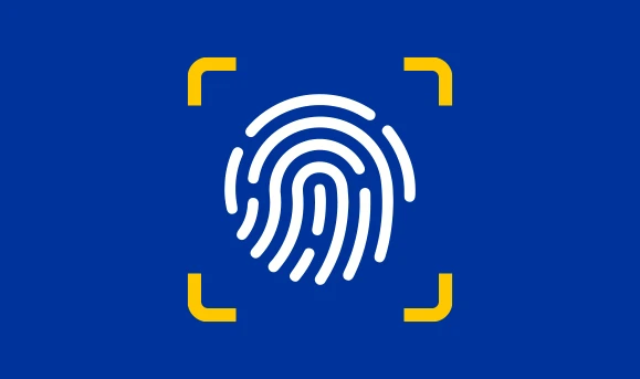 A finger print in inside of a scan representing ID KYC AML complience with the blue, white and yellow of the European Union flag