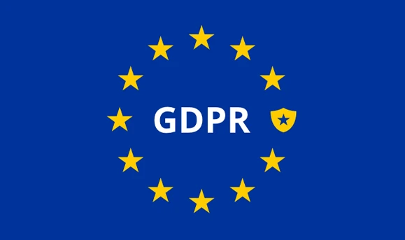 A European flag with the name GDPR at the center of it with the blue, white and yellow of the European Union flag