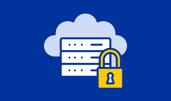 A cloud at the back, a server icon at front and a locker on top of it all to repent server security with the blue, white and yellow of the European Union flag
