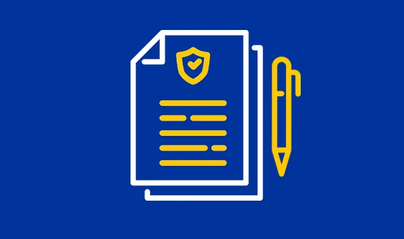Two papers and a pen representing the data privacy with the blue, white and yellow of the European Union flag